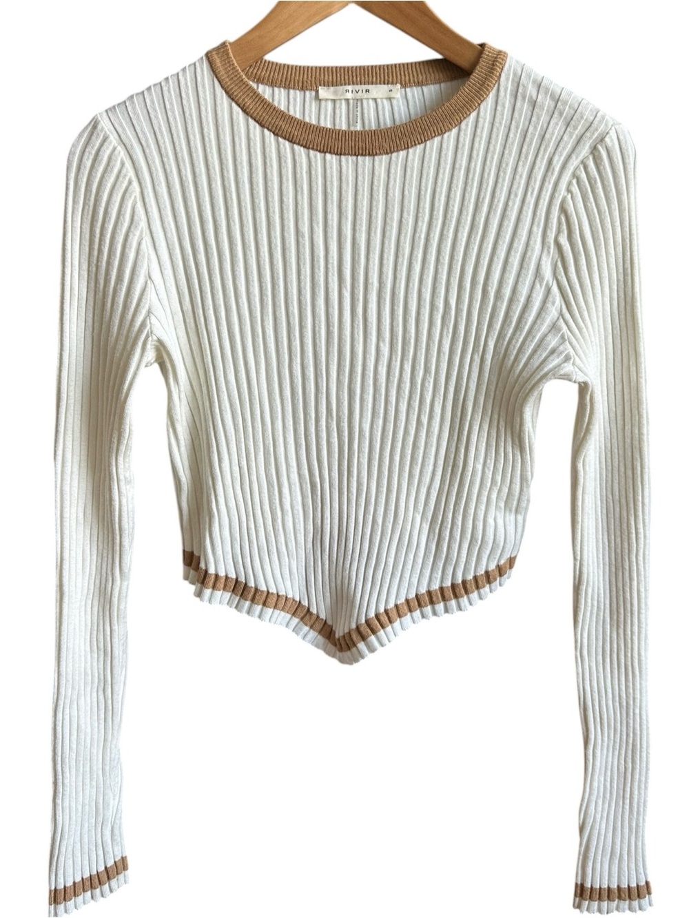 RIVIR Ribbed Knit Cropped Sweater Size S Ivory Tan Trim V-Hem 100% Viscose